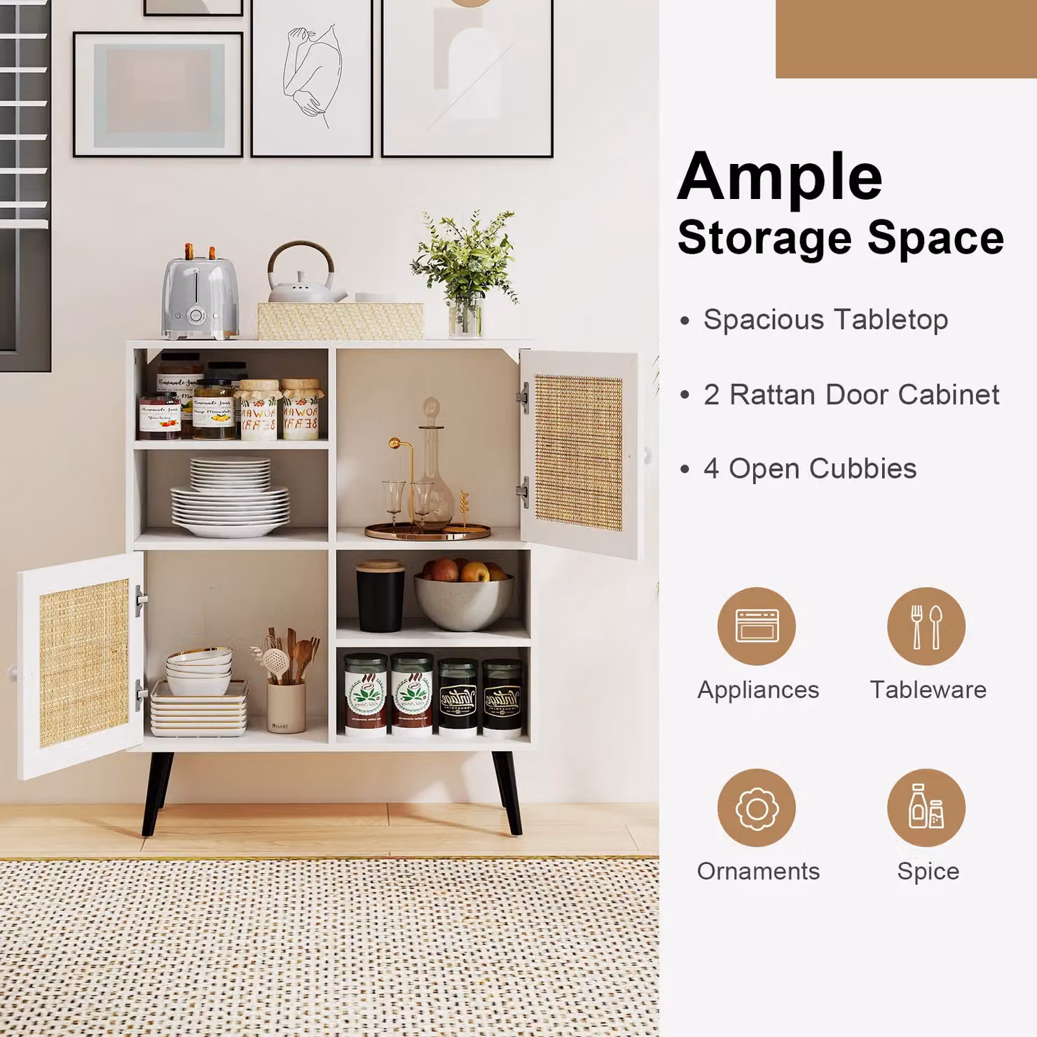 Gymax Boho Rattan Sideboard Buffet Cabinet with 4 Cubbies in Khaki – 2
