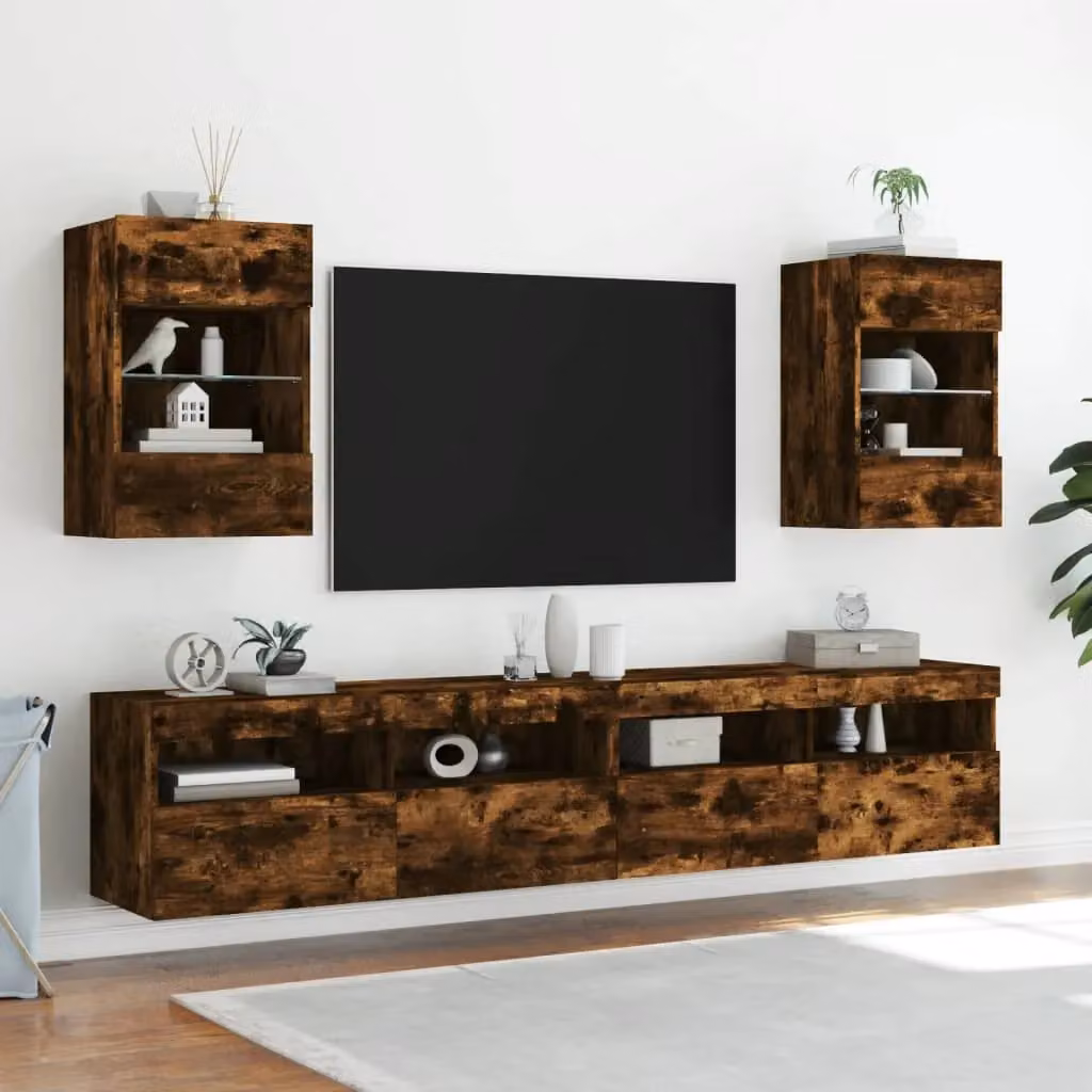 Berkfield Home Set of 2 Modern Wall Mounted TV Cabinets with Integrated LED Lights in Smoked Oak Brown, W/D/H: 40 x 30 x 60.5 cm – 3