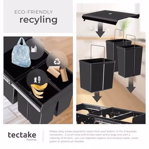 tectake Ashlyn Kitchen Bin with 3 Compartments and Telescopic Rails, Black, 31L Capacity – 7