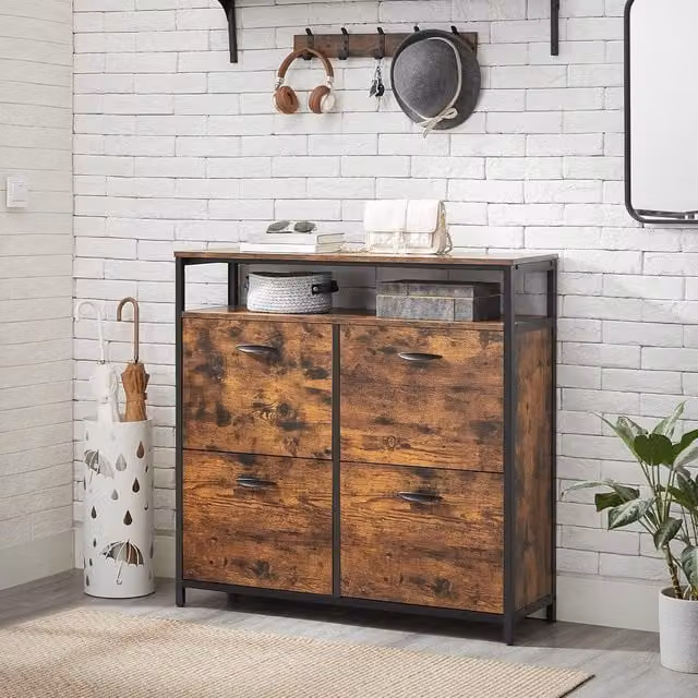 VASAGLE Brown Narrow Shoe Cabinet with Tilting Compartments and Internal Shelves