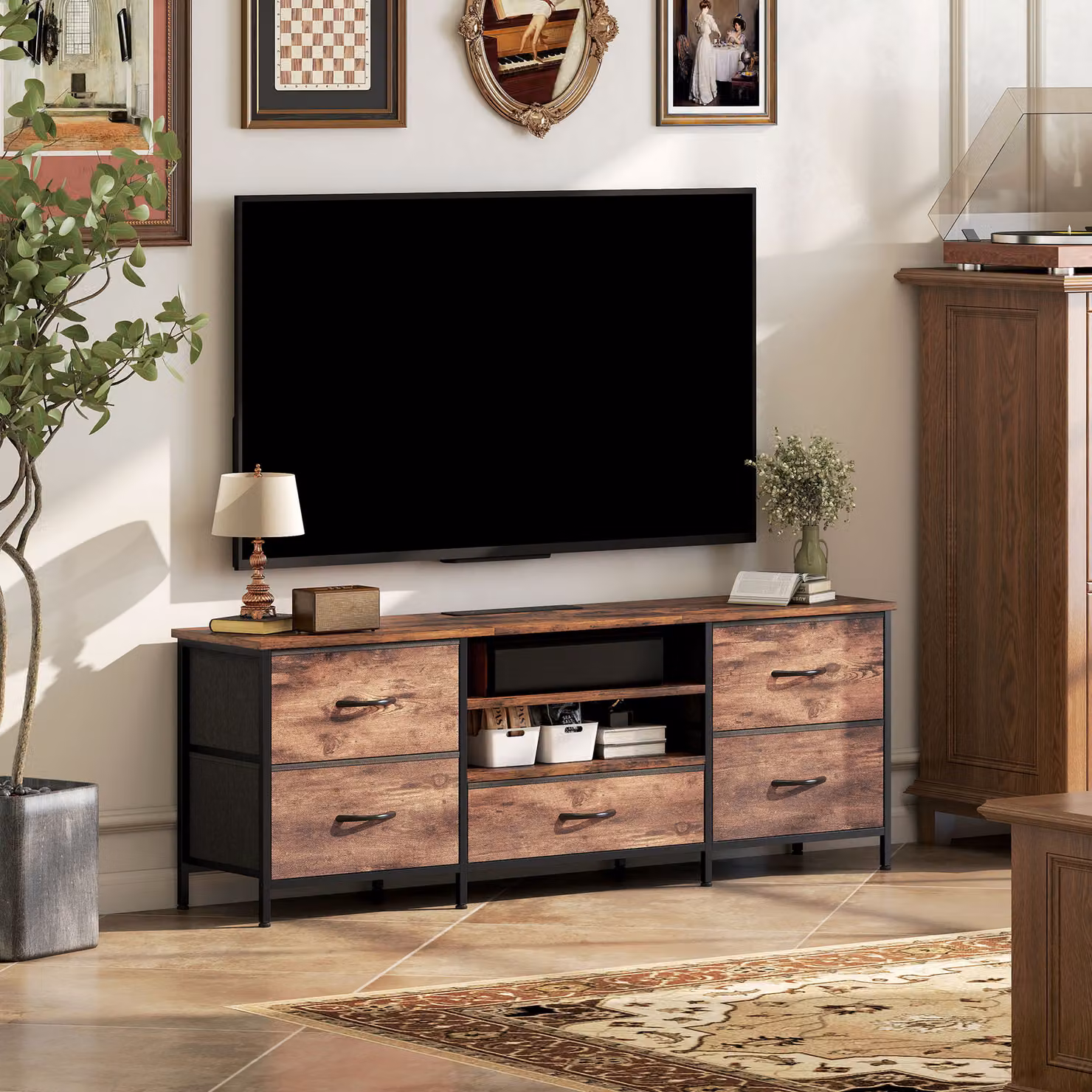 HOMCOM Industrial Multi-Storage TV Stand in Brown, Grey and Black – 8