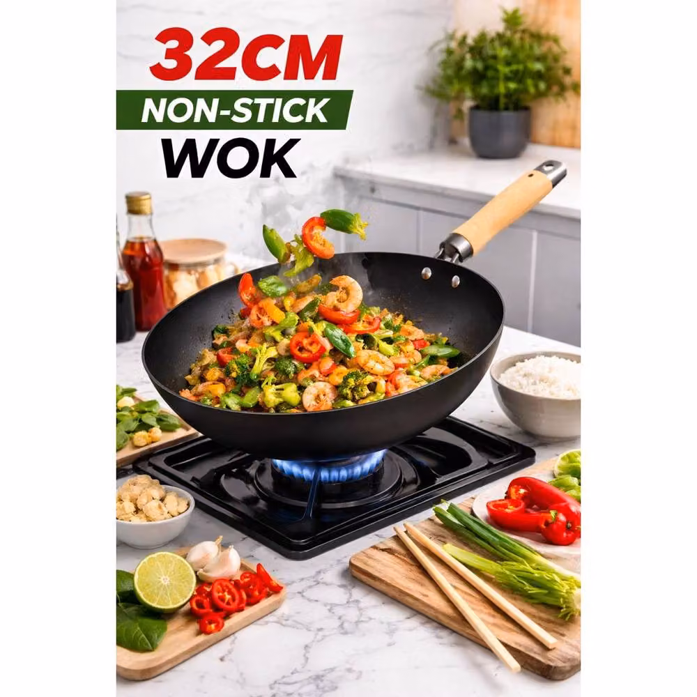 Ventryn Non Stick Wok Deep Cooking Pan with Wooden Handle, Black, Diameter: 32 cm – 4