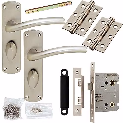 Loops Door Handle and Bathroom Lock Pack in Satin Chrome with Modern Arched Lever Backplate