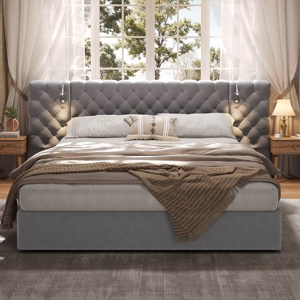 Merax Grey King Size Velvet Ottoman Storage Bed with Chesterfield Headboard and Integrated Reading Light, H: 106 cm, W: 150 cm, D: 200 cm – 2