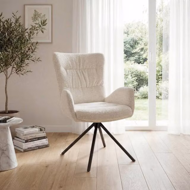 SONARA Single Luxury Chenille Swivel Accent Chair in Beige with Armrests and Mid-Century Tub Design – 1