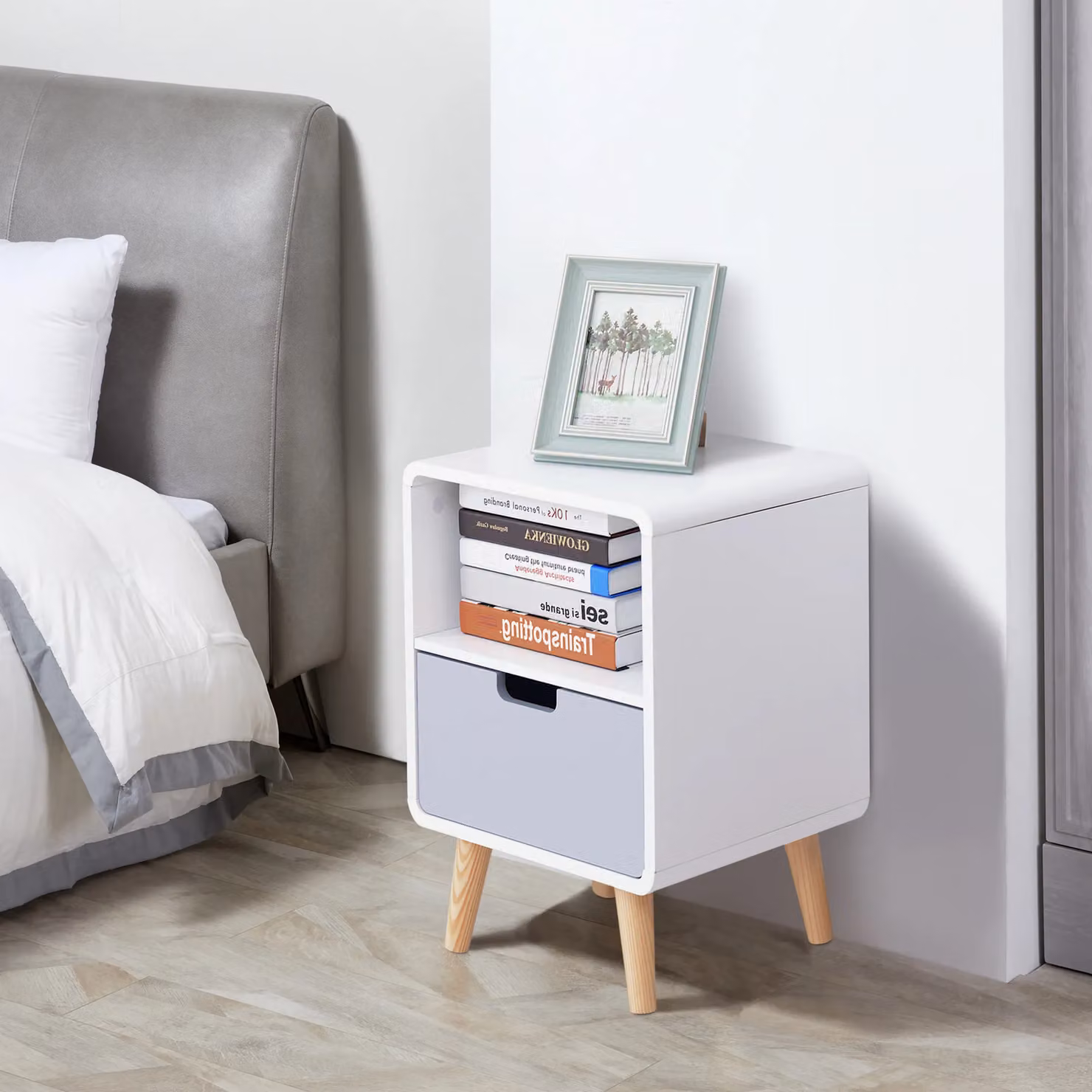 HOMCOM Scandinavian Design Bedside Cabinet with Drawer in White or Grey, W/D/H: 38 x 40 x 58 cm – 2