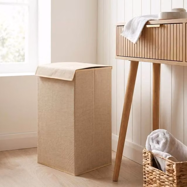 OHS Faux Linen Folding Laundry Basket Hamper Bag with Lid in Beige – 1