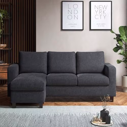 Furnishings For Less UK York Reversible 3 Seater L-Shaped Corner Sofa in Grey Fabric – 4