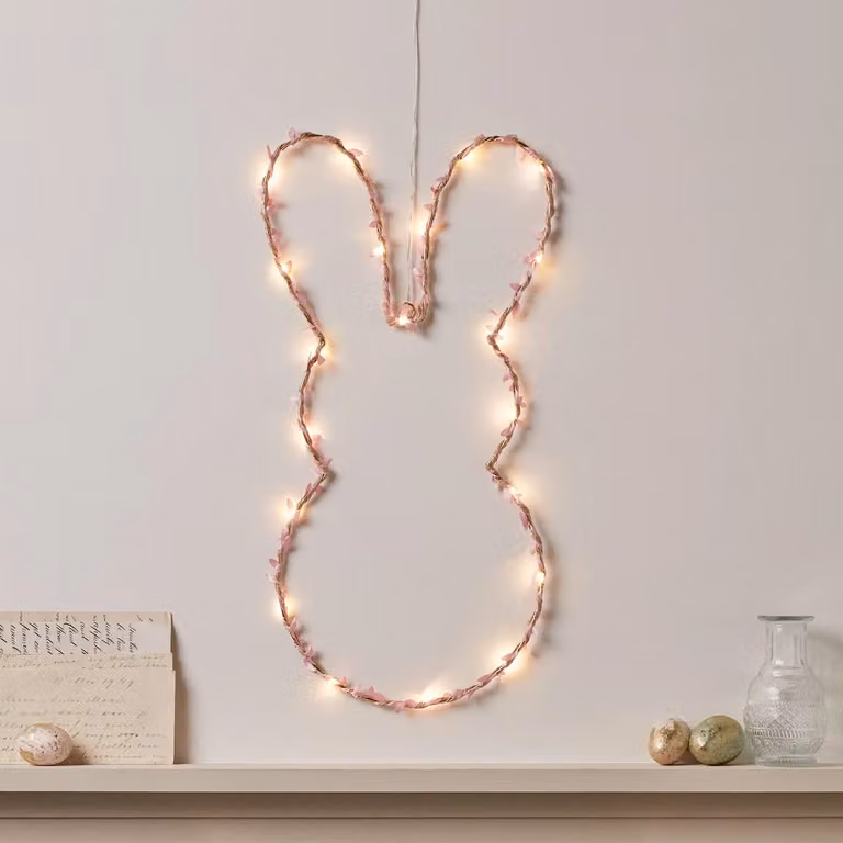 Lights4fun Battery Operated Micro LED Easter Bunny Wall Light Hanging Decoration for Indoor Use, Pink, Gold and White, W/D/H: 50 x 25 x 50 cm
