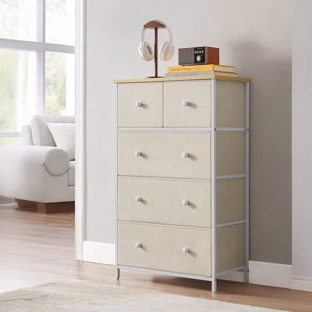 SONGMICS Modern 5-Drawer Freestanding Fabric Storage Unit in White and Beige with Oak Wood and Metal Frame
