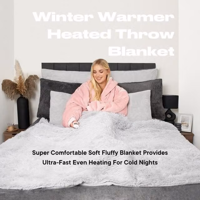 OHS Fluffy Grey Fleece Electric Heated Blanket with Auto Shut Off