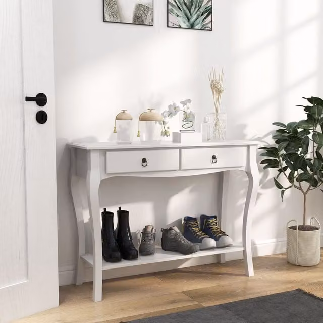 HOMCOM White Wood Console Table and Dressing Desk with 2 Drawers – 1