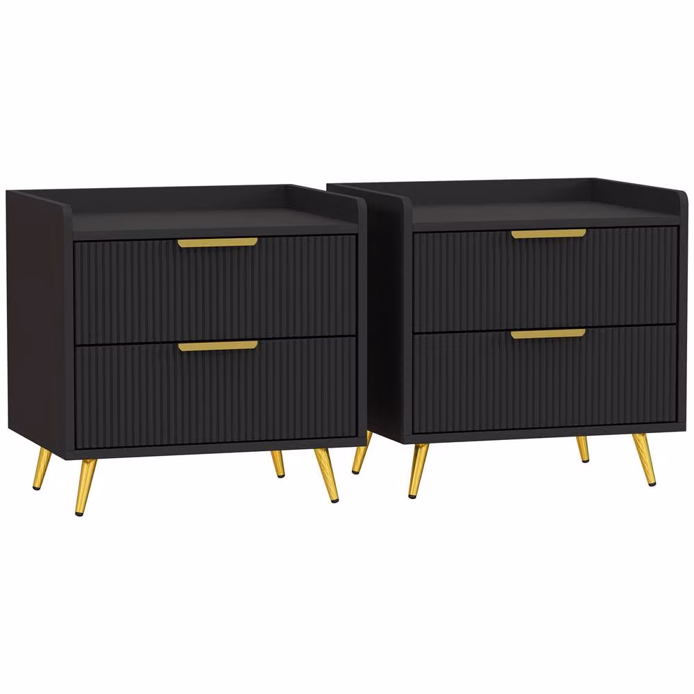 HOMCOM Set of 2 Modern Bedside Tables with 2 Drawers and Metal Legs in Black and Gold – 2