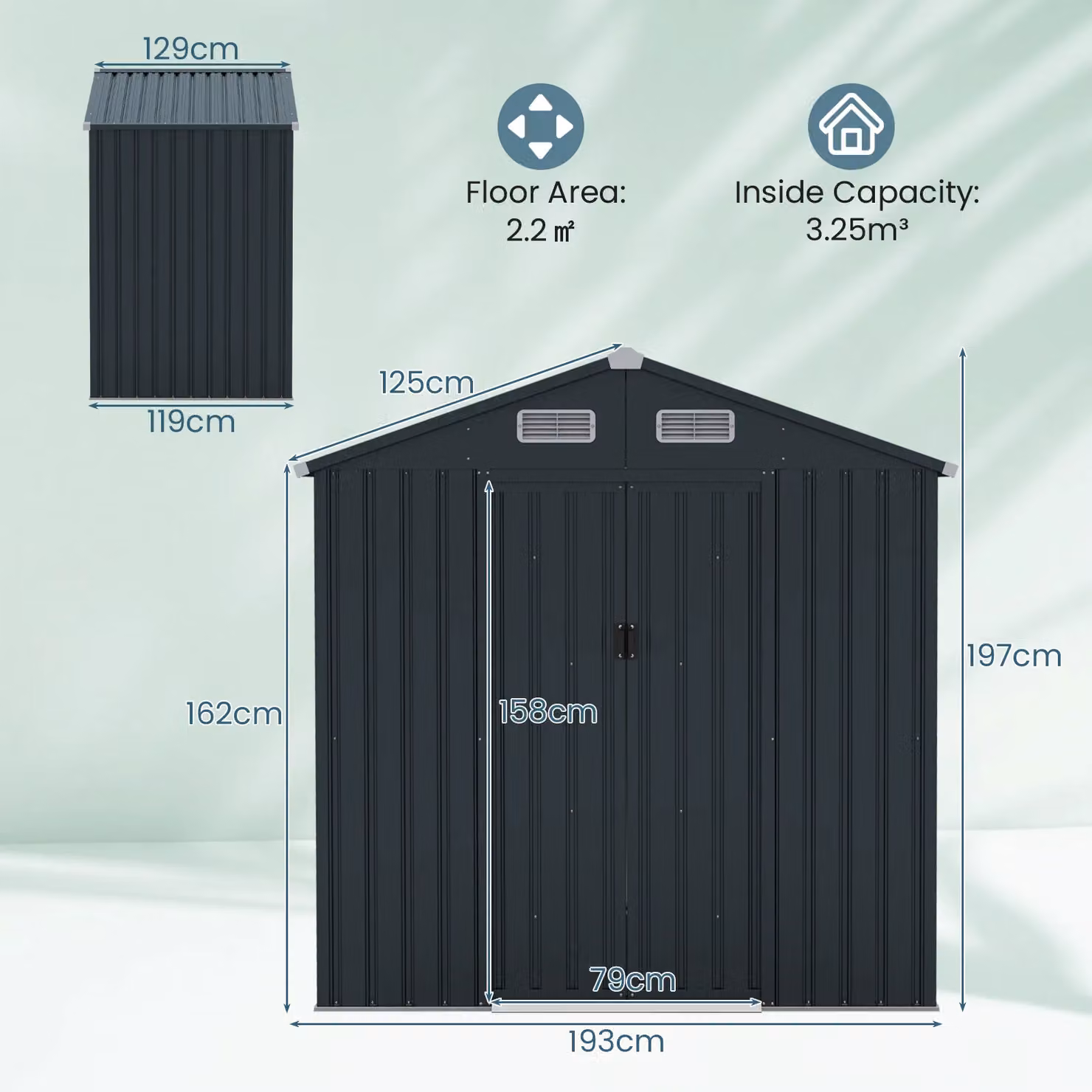 Gymax Pent Garden Shed in Grey, Galvanised Steel with Sliding Doors and Side Vent, W/D/H: 129 x 193 x 197 cm – 3
