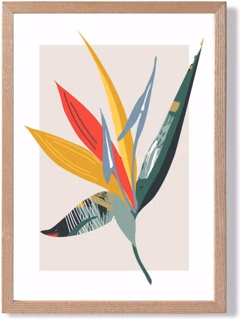 ARTZE Tropical Flower Minimalist Framed Print in Green and Red with Oak Frame, A3