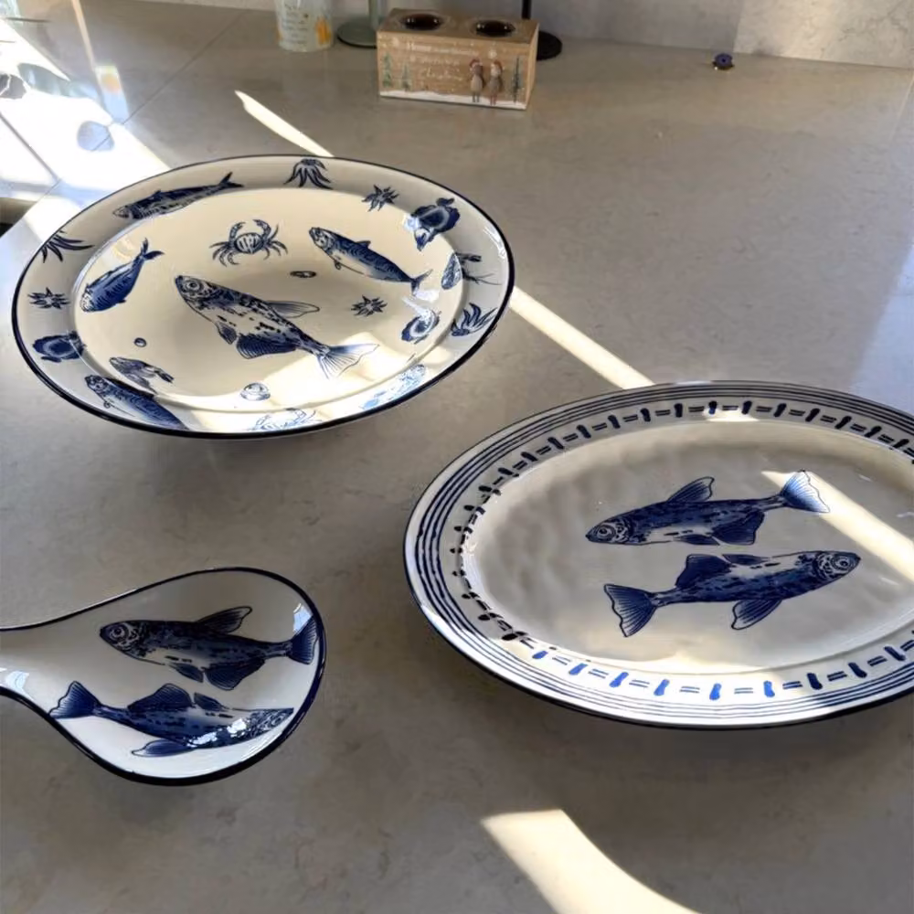 Verano Spanish Ceramics Ocean Fish Ceramic Kitchen Utensil Spoon Rest in Blue and White, L: 27 cm, H: 3 cm – 8