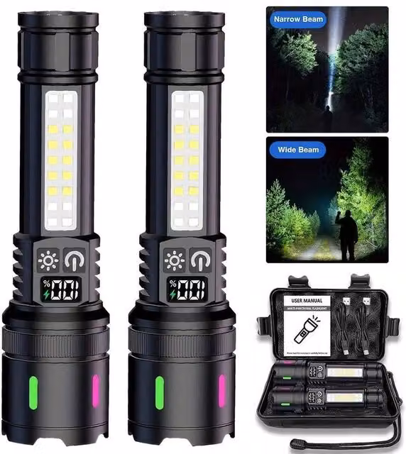 FLAVORA 2 Pack USB Rechargeable COB Tactical LED Flashlights in Black