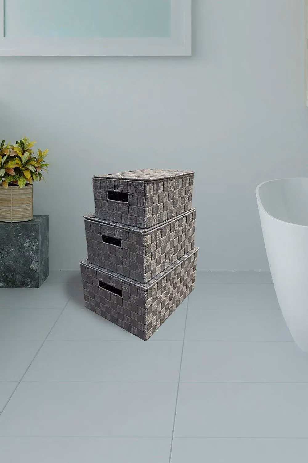 Arpan Set of 3 Grey Nylon Hand Woven Storage Baskets with Handles – 4