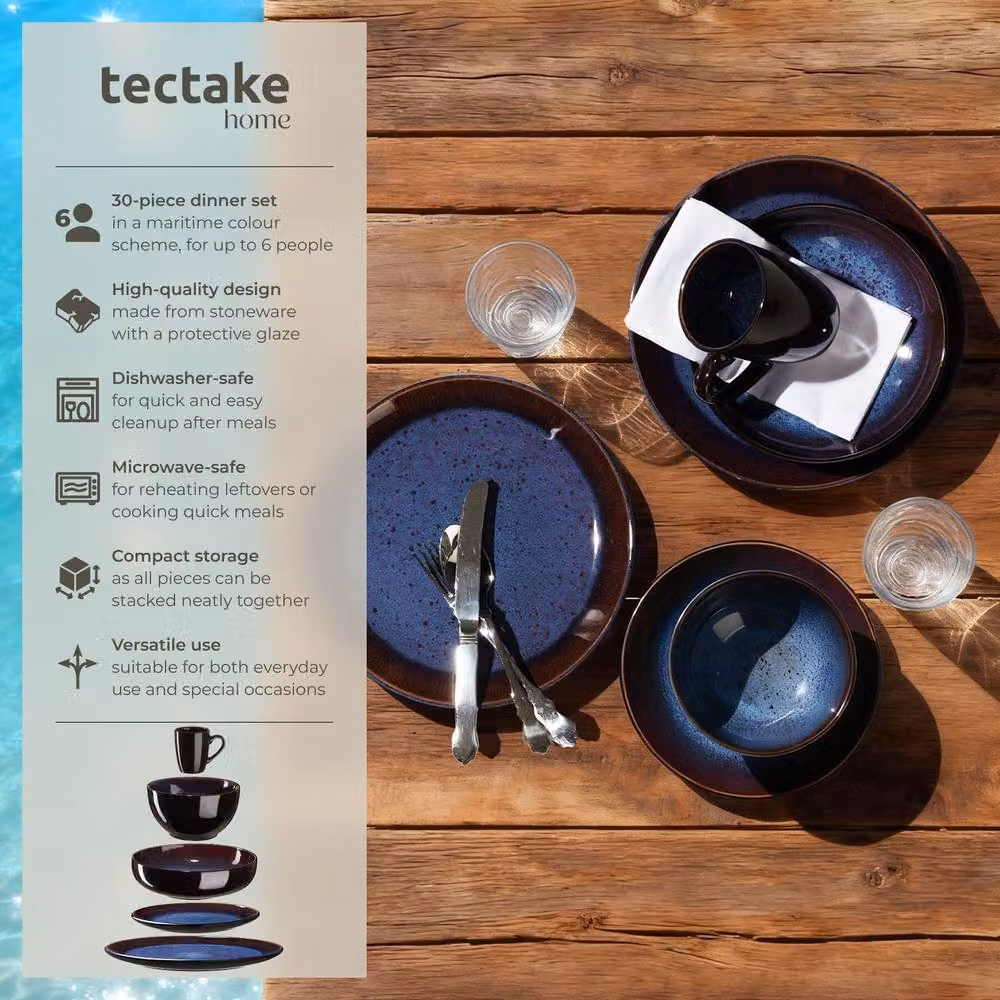 tectake Mare Blue Glazed Stoneware Dinner Set for 6 People – 2