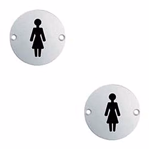 Loops 2 Pack Female Symbol Bathroom Door Sign, Polished Stainless Steel, Diameter: 76 mm, Fixing Centres: 64 mm