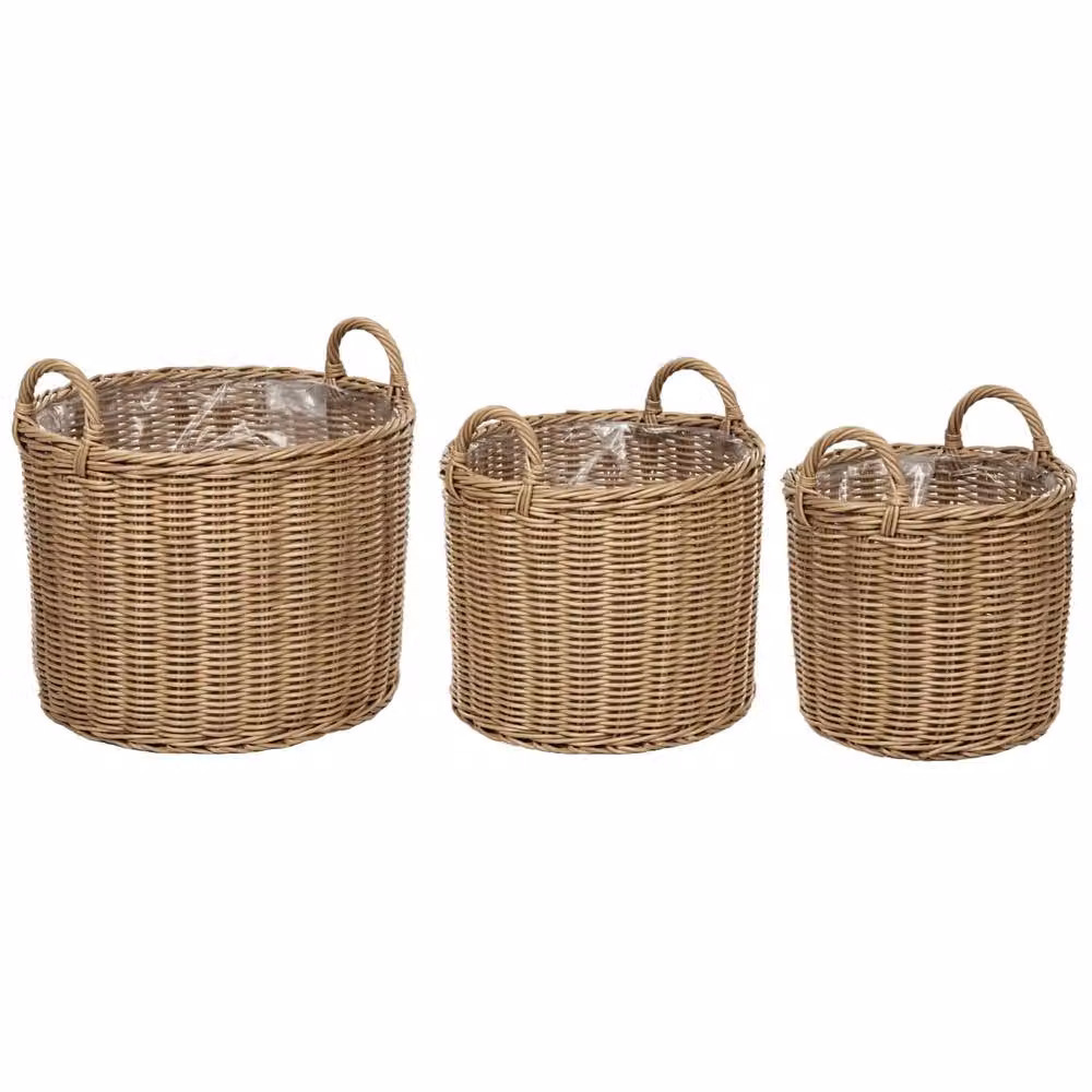Wyld and Coco Evergreen Plant Baskets 3 Pack, Natural Brown Round PE Rattan Tabletop Baskets – 3