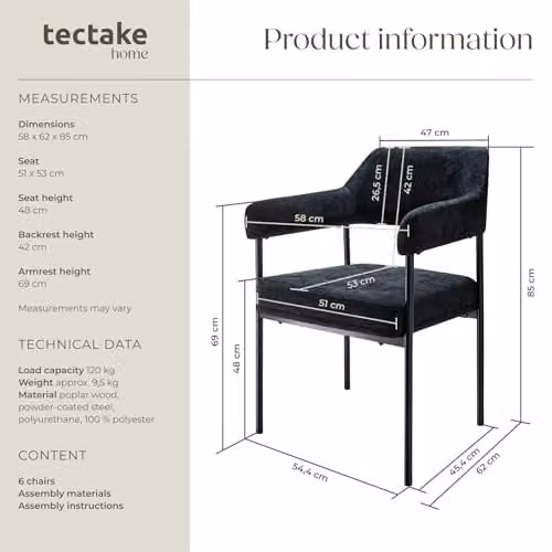tectake Set of 6 Doe Armchairs in Black Woven Fabric with Metal Legs – 3