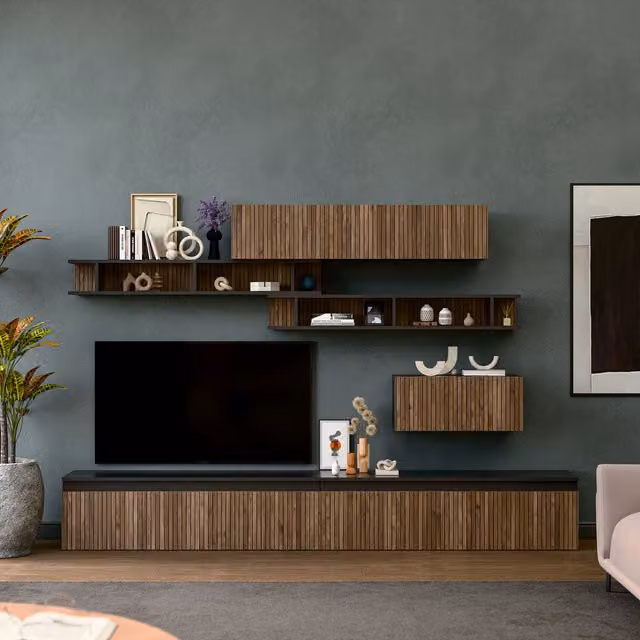 Decorotika Elche Wall Mounted Entertainment Center in Black and Brown with Striped Pattern