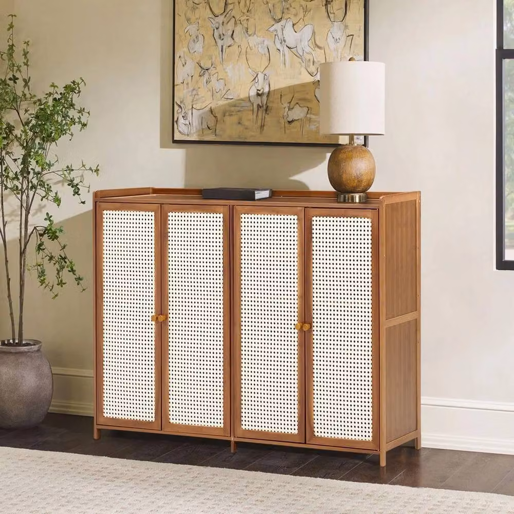 EONLION Retro Wooden Shoes Storage Cabinet in Brown with Hinged Doors and Internal Shelves, Width: 100 cm – 4