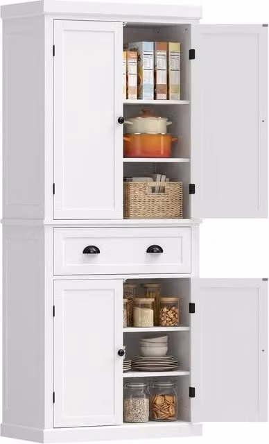 HOMCOM Tall Freestanding Kitchen Storage Cabinet in White with Hinged Doors and Internal Shelves, Height: 183 cm