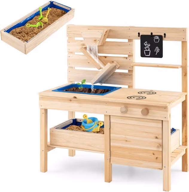 Costway Wooden Outdoor Kids Play Kitchen with Sandbox in Brown