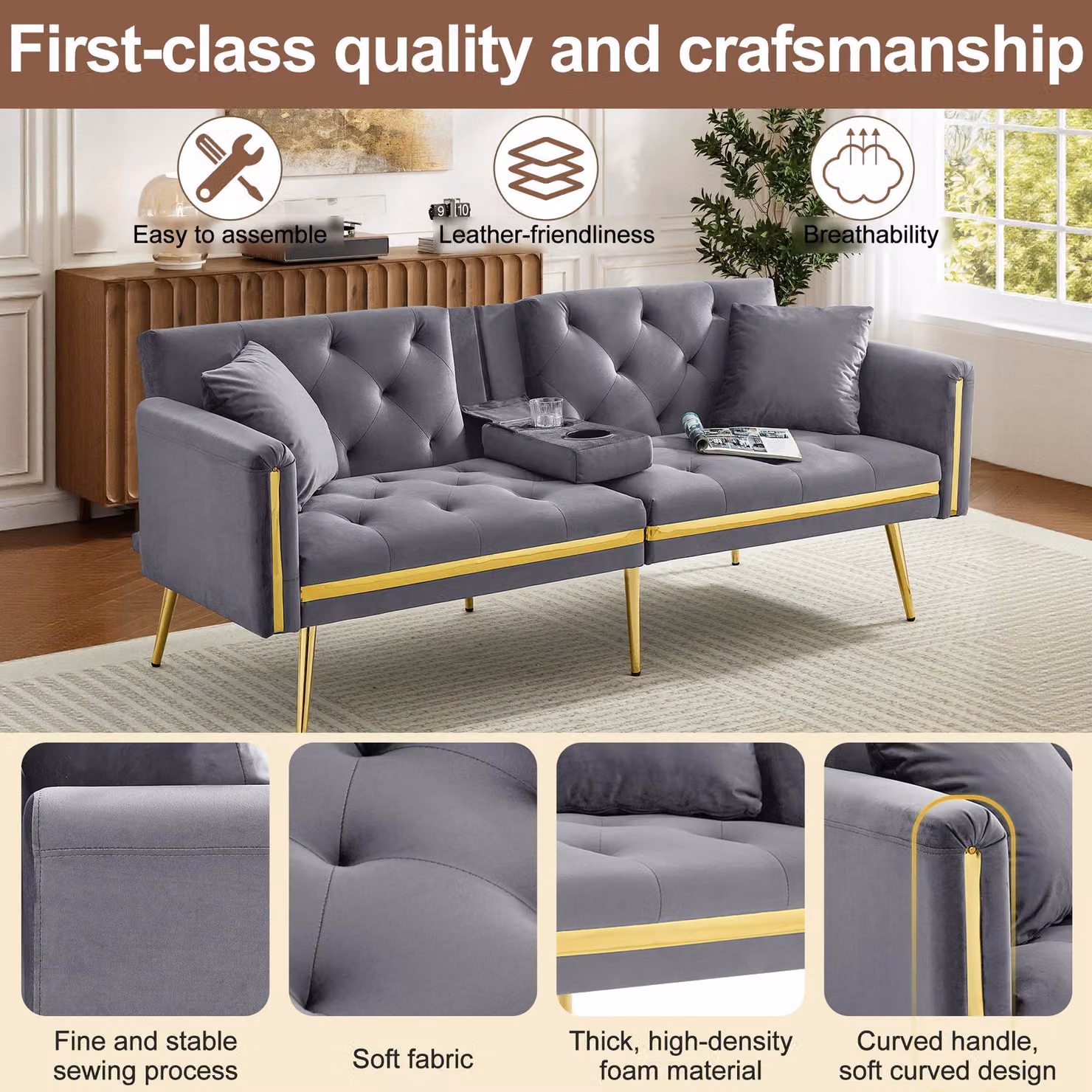 Aosom UK Grey Velvet Two-Seater Convertible Sofa Bed with Adjustable Backrest and Cup Holders, W/D/H: 174 x 76 x 71.5 cm – 6
