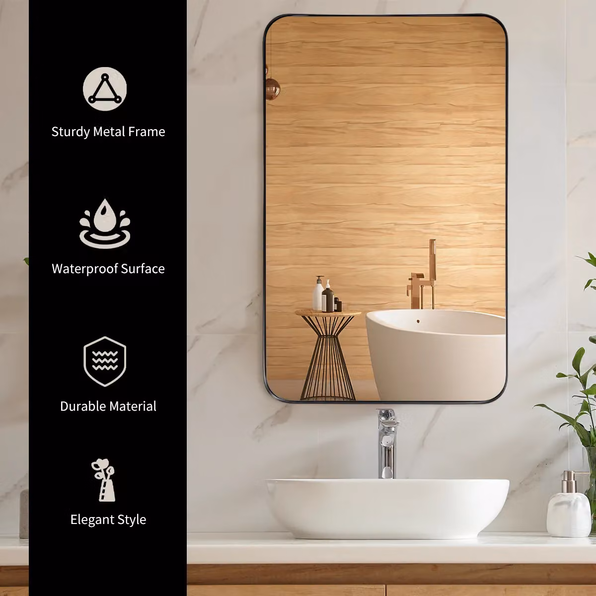 Costway Modern Rectangular Black Metal Bathroom Wall Mirror with Rounded Corners, W: 81 cm, H: 51 cm – 3