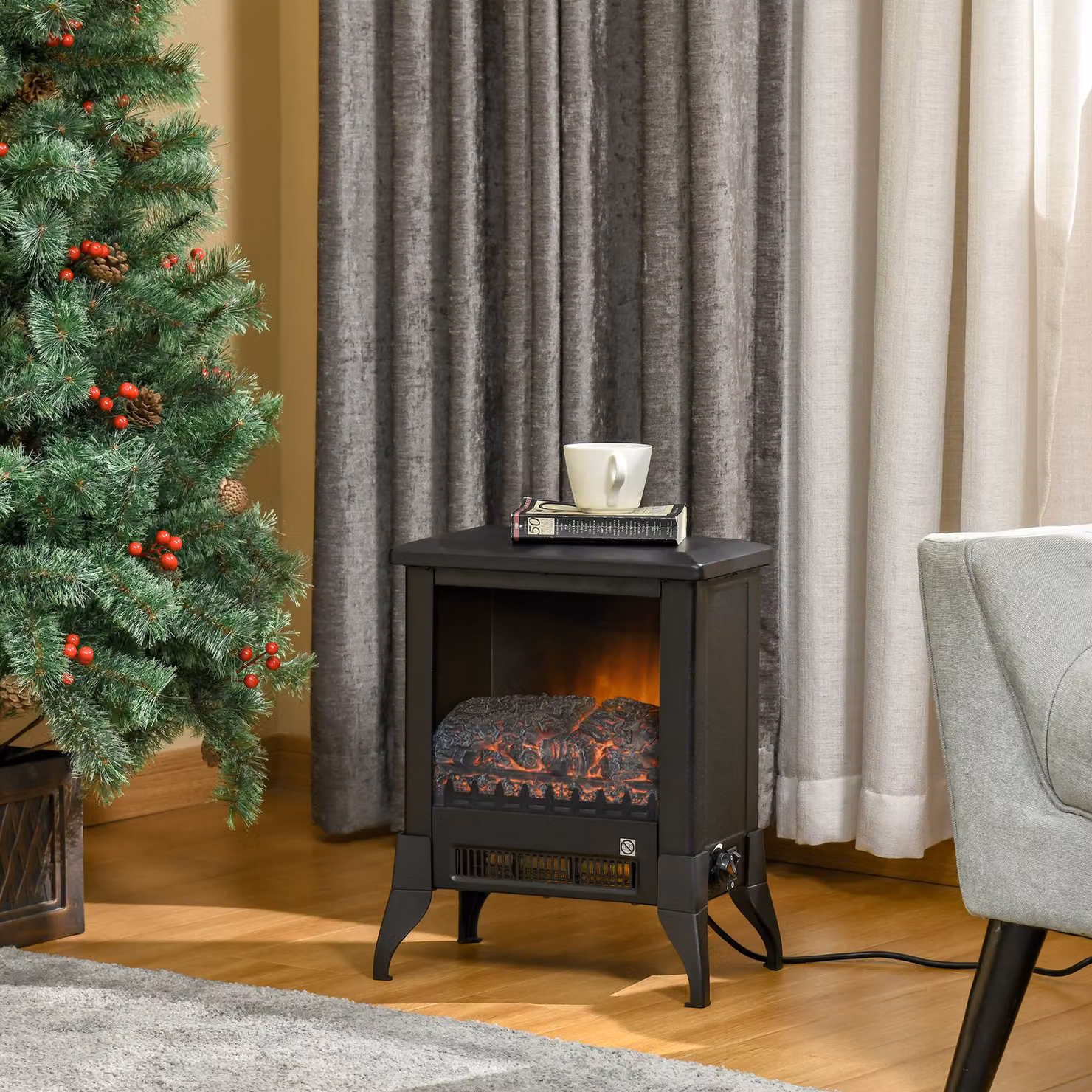 HOMCOM Black Electric Fireplace Stove with Realistic Flame Effect, Glass and Metal Construction, W/D/H: 45.8 x 30.0 x 37.0 cm – 7