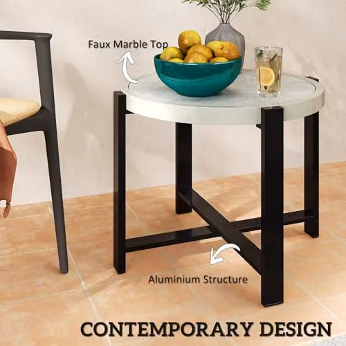 Outsunny Round Modern Garden Side Table in Grey with Glass Top, Diameter: 60 cm, Height: 46 cm – 4