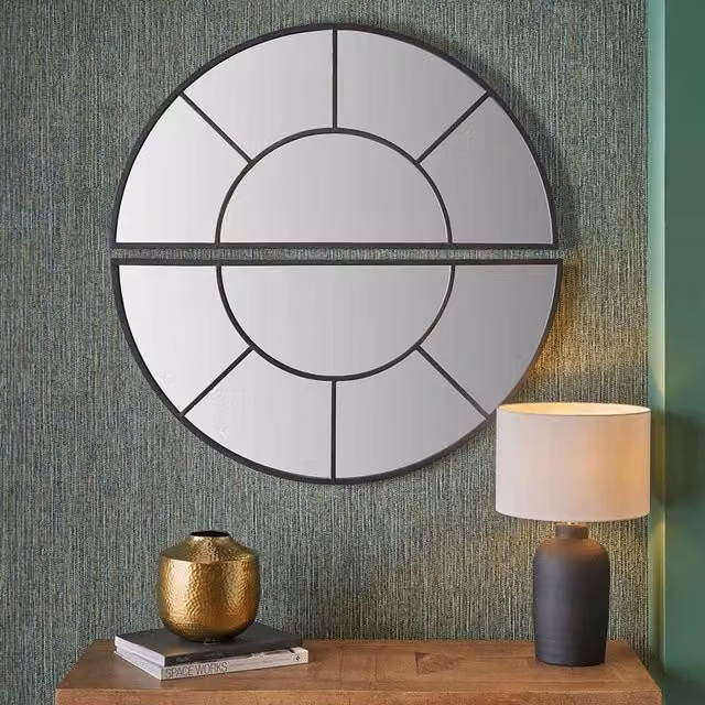 Pacific Lifestyle Art Deco Round Geometric Wall Mirror in Black and Gold