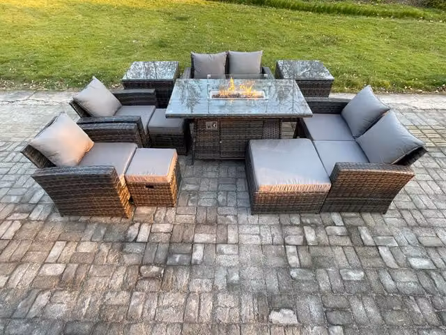 Fimous 10 Piece Wicker Rattan Outdoor Garden Furniture Set with Gas Firepit Dining Table, Sofa and 3 Footstools in Dark Grey