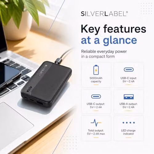 SilverLabel 5,000mAh Portable Power Bank with USB Output, Black – 4