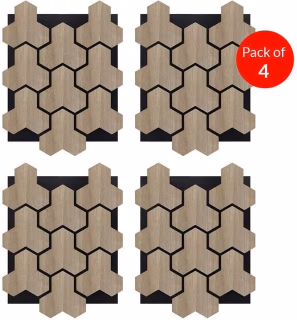 ENER-J Geometric Hexagon Wooden Acoustic Panels, Light Brown, W: 62 cm, H: 80 cm (Pack of 4)