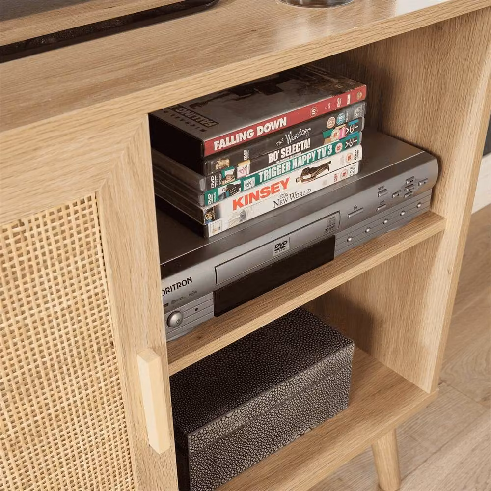 Nordara Mid Century Brown Rattan Door Open Shelving Cabinet – 4