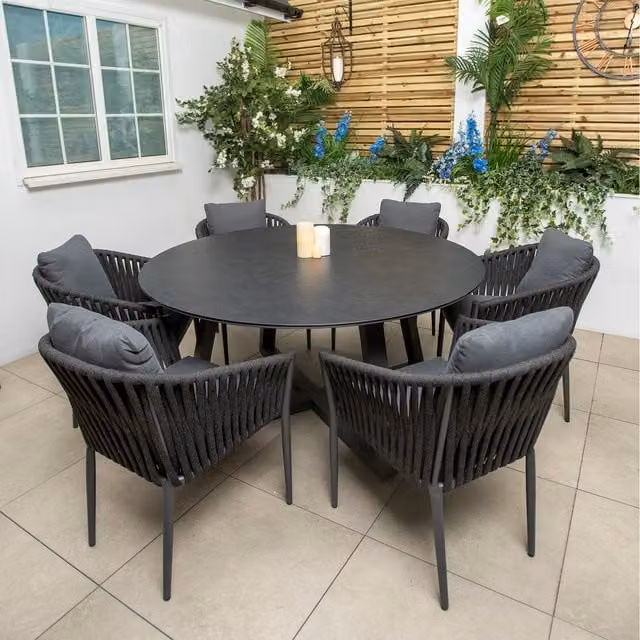 Bracken Outdoors Maldives 6 Seat Round Rope Garden Furniture Dining Set in Anthracite Grey, Diameter: 150 cm, Height: 78 cm