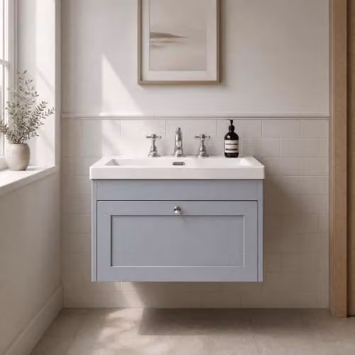 Balterley Wall Hung Grey Vanity Unit with Single Soft Close Drawer and Rectangular 3 Tap Hole Basin, W/D/H: 80 x 45.3 x 43.1 cm – 2