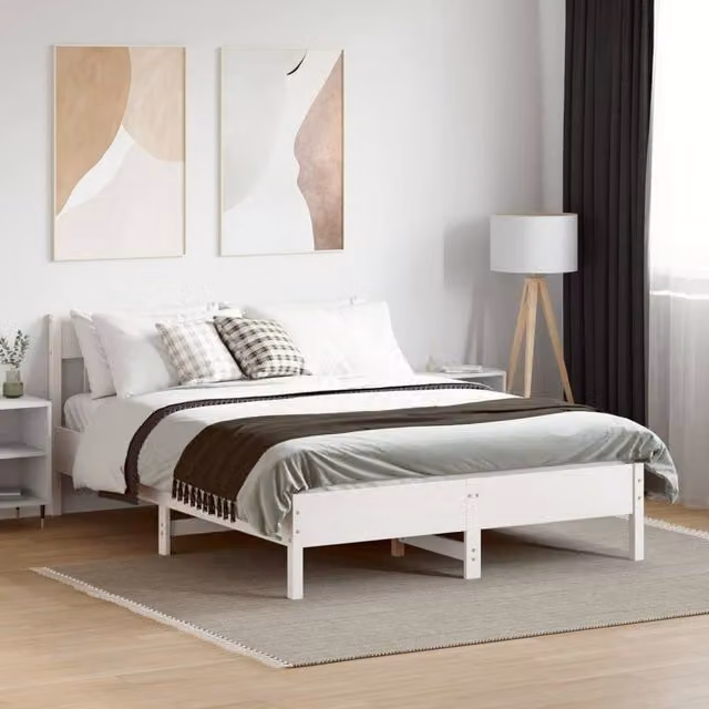 Berkfield Home Beautiful Bed Frame in White Solid Pine, W/D/H: 140 x 190 x 81 cm