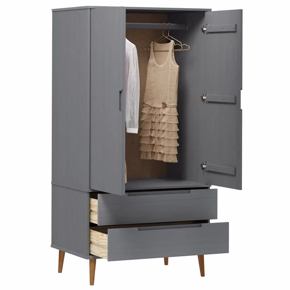 Berkfield Home MOLDE Wardrobe in Grey Solid Pine with Integrated Drawers W/D/H: 90 x 55 x 175 cm – 2