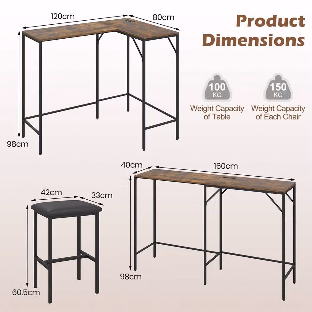 KORVIXA Brown 3-Piece L-Shaped Bar Table and Chair Set for Kitchen and Dining Rooms – 2