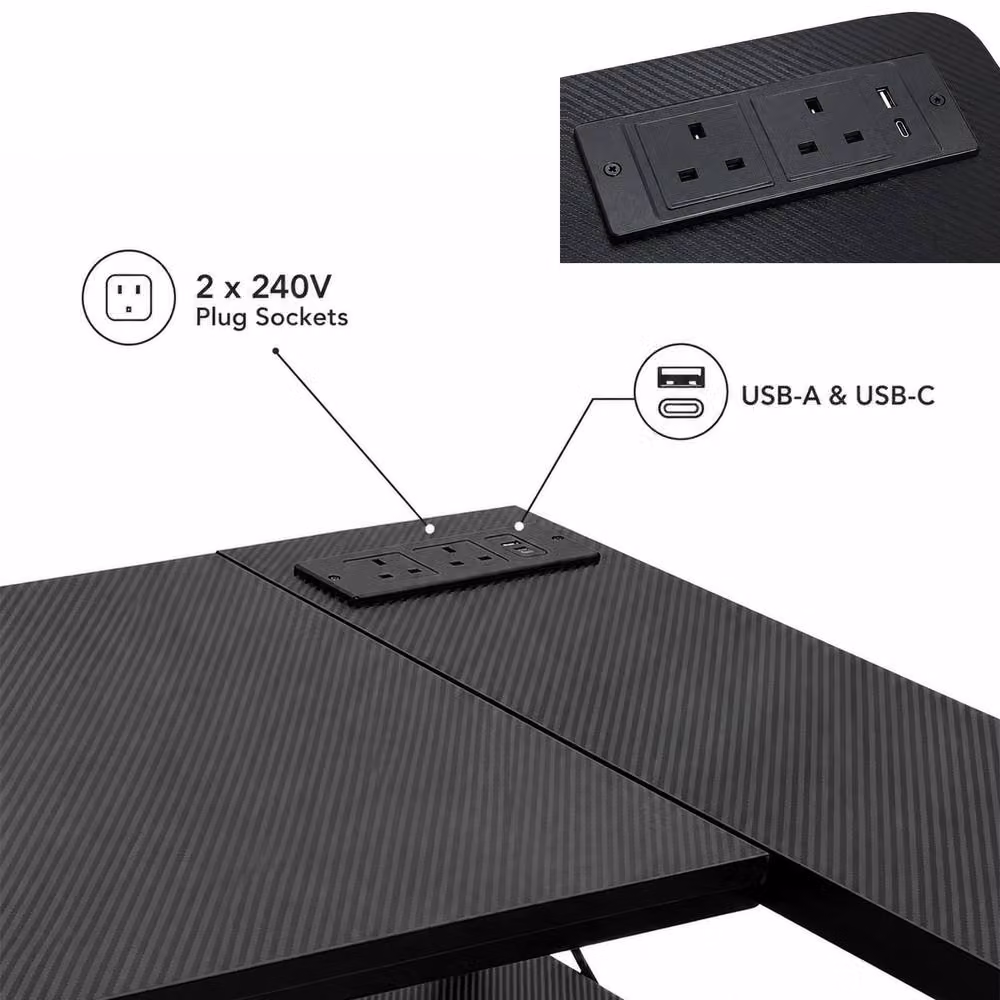 House of Home Reversible L-Shaped Carbon Fibre Gaming Desk with Built-In Sockets, Black – 3