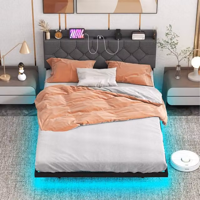Costway Modern Upholstered Floating Bed Frame in Grey with Under-Bed Lighting and USB Charging Port, 140 x 200 cm