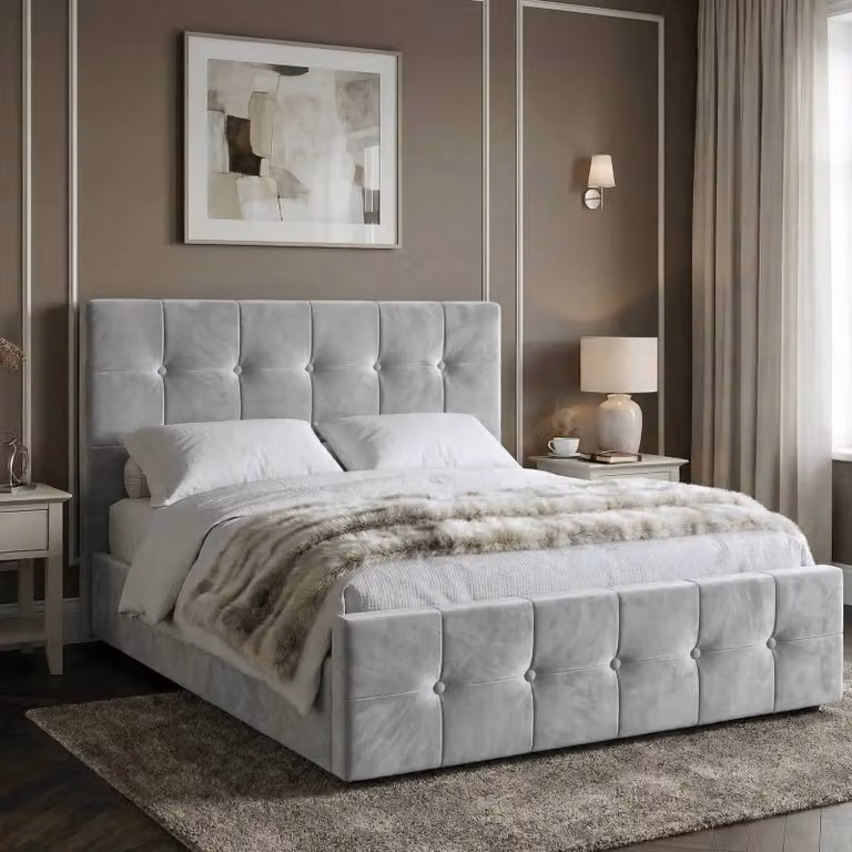 DHS Grey Velvet Square Ottoman Storage Bed Frame, W/D/H: 120 x 200 cm