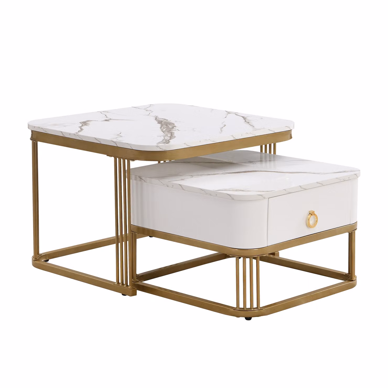 Aosom.UK Set of 2 Modern Square Coffee Tables with White Marble High-Gloss Tabletops, W/D/H: 60 x 60 x 42 cm and 50 x 50 x 33.5 cm – 2