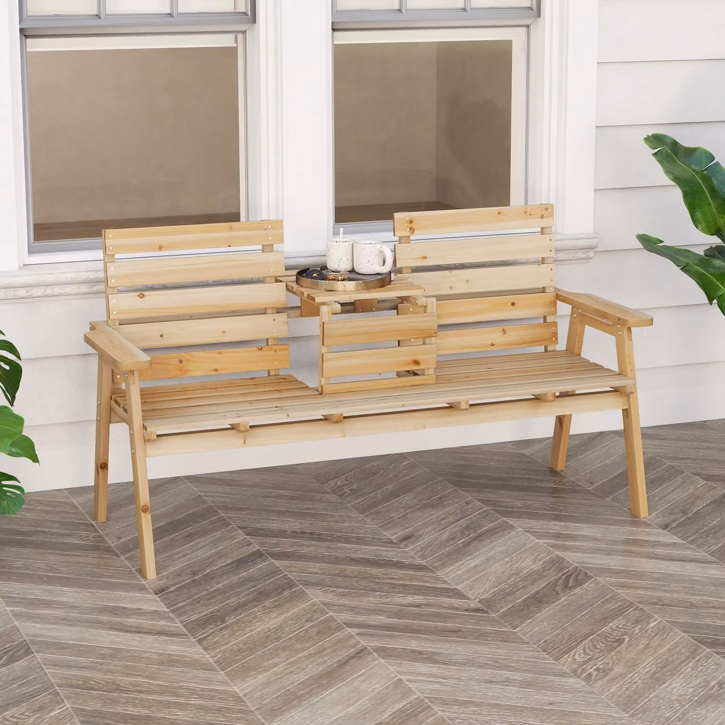 Costway Outdoor Fir Wood Garden Bench with Backrest for 2-3 Adults in Natural Brown – 2
