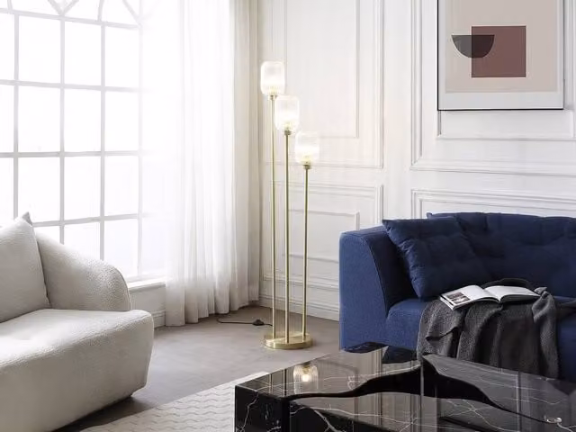 Vente-unique Vintage Metal and Glass Floor Lamp with 3 Transparent Globes in Gold/Brass, H 161 cm x D 30 cm